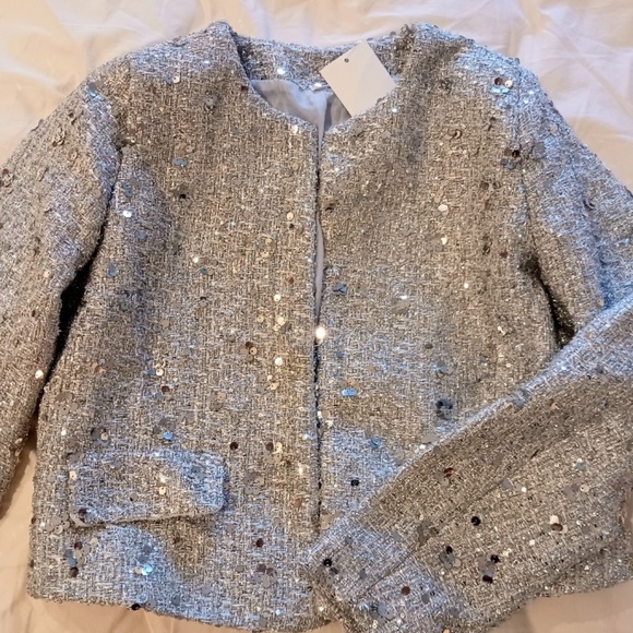 NEW SILVER METALLIC TWEED BLAZER XS  WITH SEQUINS (LOOKS LIKE ZARA) - Picture 9 of 11